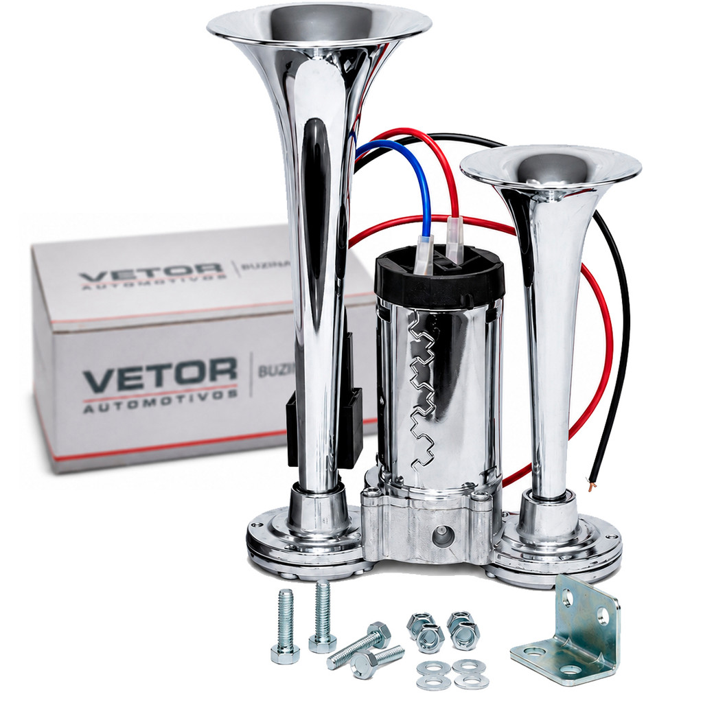 Buzina 2 Cornetas Com Compressor Imbutido 12v Vetor Vt059