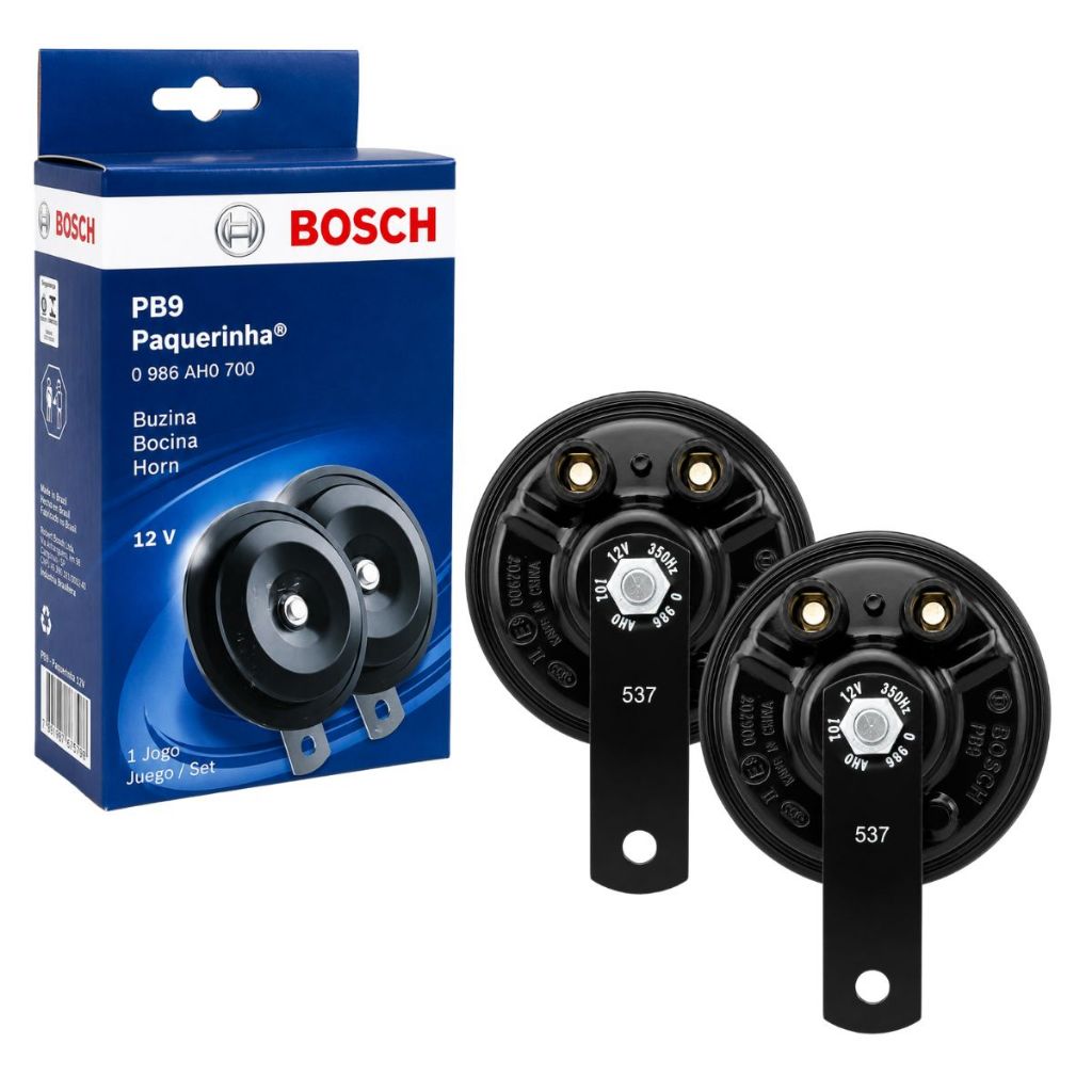 PAR BUZINA BOSCH PB9 PAQUERINHA 12V ORIGINAL SOM AGUDO 420HZ GRAVE 350HZ AUTOMOTIVA
