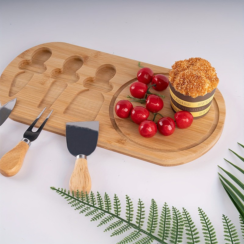 Tábua Paleta de Bambu para Queijos Frios Frutas Petiscos Redonda com Garfo e Espátulas