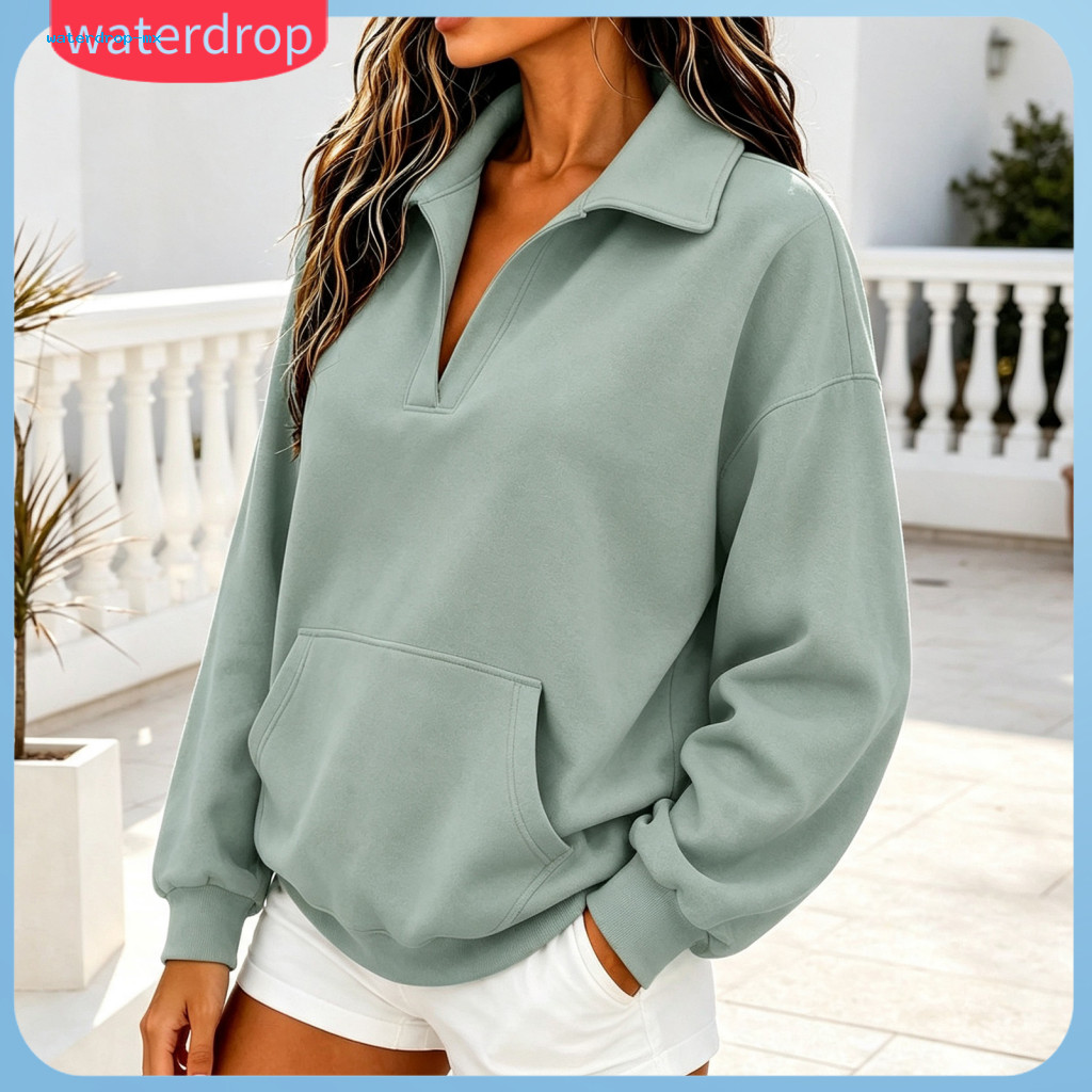 Women’s V-neck Sweatshirt with Kangaroo Pocket Loose Drop-shoulder Pullover Long Sleeve Top for Autumn Winter Comforta