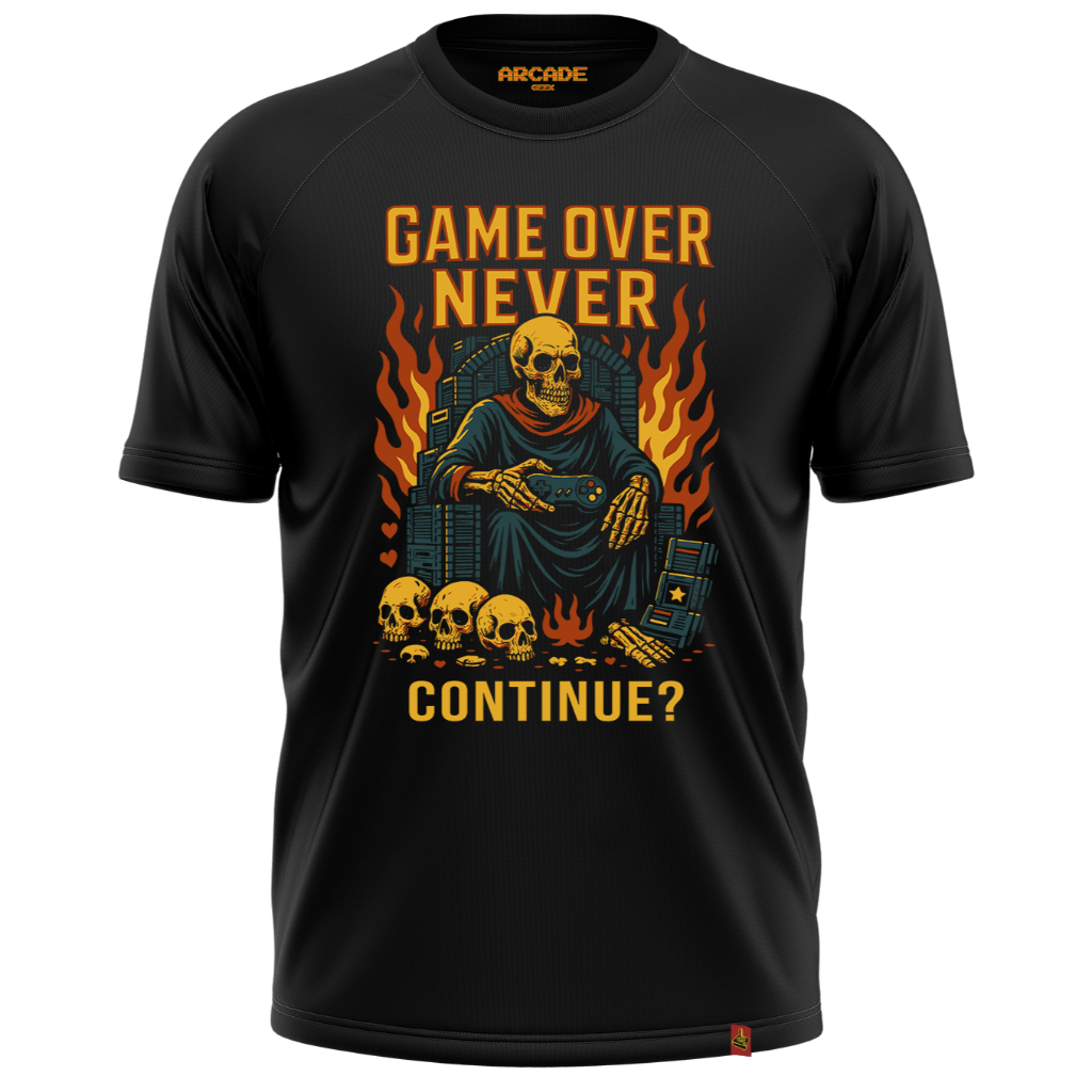 Camiseta Arcade Geek Gamer Game Over Never Continue Skull Caveira