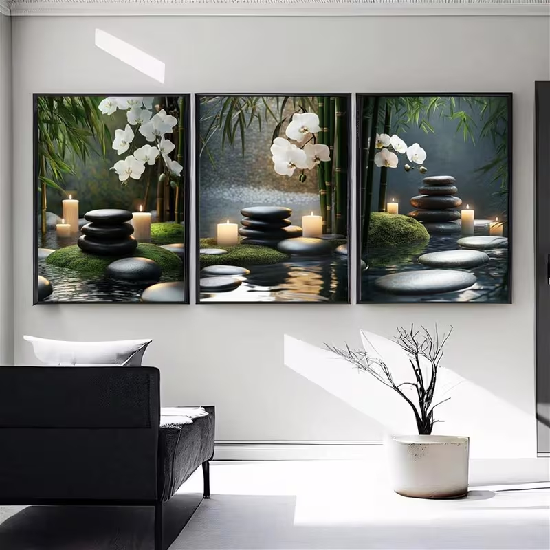 Conjunto 3 Quadros Relaxantes Natureza e Equilíbrio Decoração Moderna Oferta Meditação Bambu e Velas