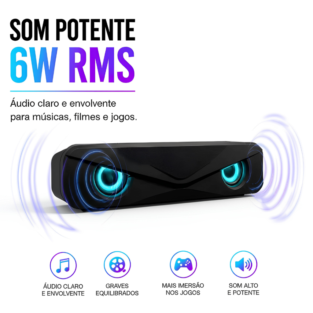 Soundbar Multimídia Knup Para PC Notebook Duas Lentes RGB Iluminação LED Controle Volume USB 3,5mm