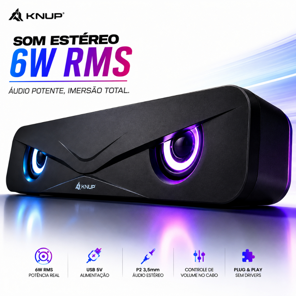 Caixa de Som Gamer para PC Soundbar 6W RMS USB P2 Estéreo RGB Controle de Volume no Cabo