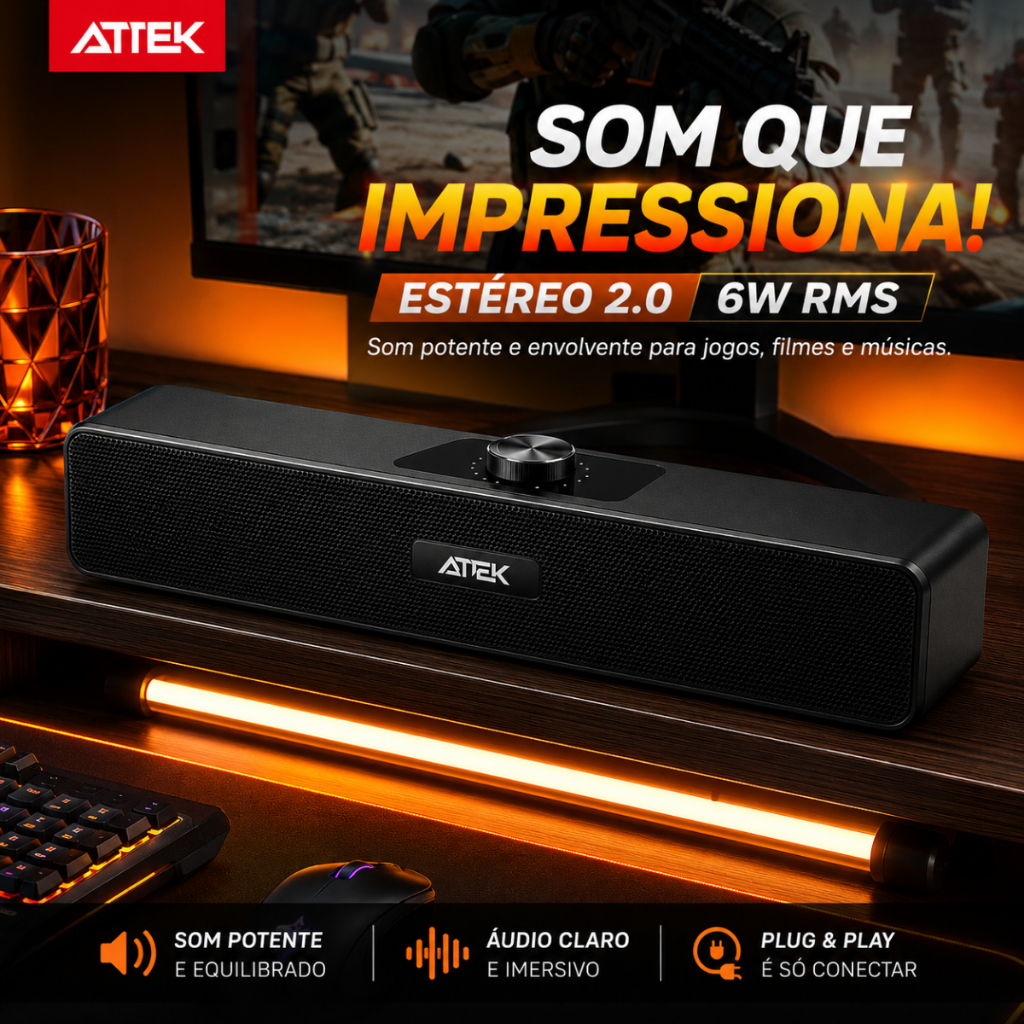 Caixa de Som Soundbar USB 6W RMS para PC e Notebook Estéreo 2.0 Entrada P2 Controle de Volume Plug and Play