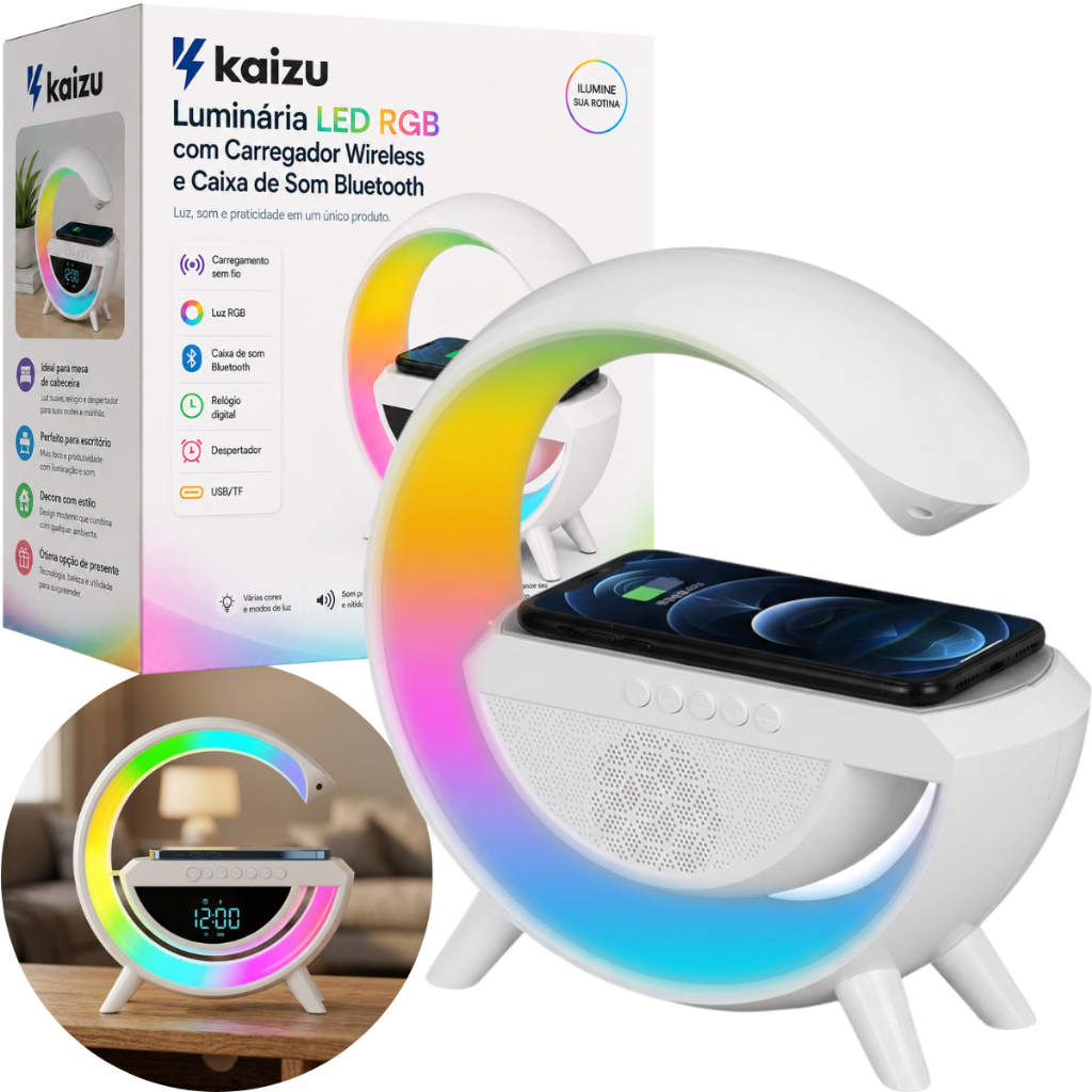 Luminária LED RGB Kaizu 3 em 1 com Caixa de Som Bluetooth, Carregador por Indução, Relógio Digital e Despertador de Mesa