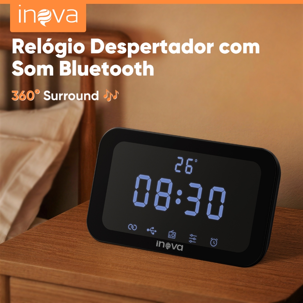 INOVA Caixa de Som Bluetooth Relógio Digital Despertador FM LED TWS 5.3