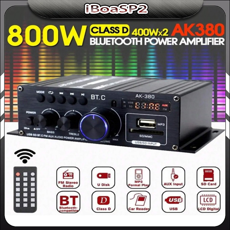 AK380 Amplificador Bluetooth 800W De Áudio HiFi Karaoke 2 Canais Potência Classe D USB SD AUX Entrada