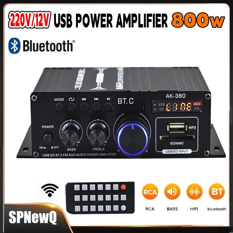AK380 Amplificador Bluetooth 800W De Áudio HiFi Karaoke 2 Canais Potência Classe D USB SD AUX Entrada