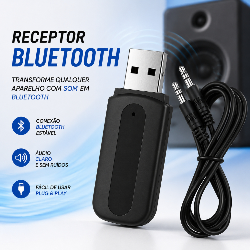 Adaptador Bluetooth USB P2 Receptor Auxiliar para Som Automotivo TV PC Áudio