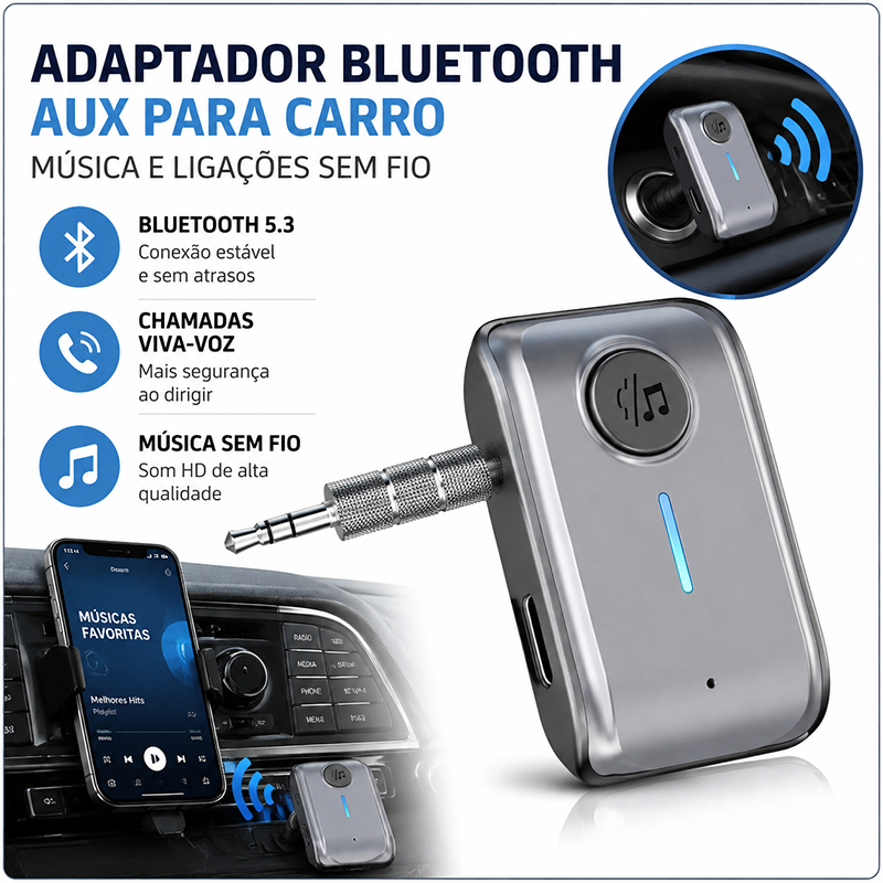 Receptor De Áudio Sem Fio Bluetooth 5.3 Adaptador AUX De 3,5 Mm Para Fone De Ouvido Carro Mãos-Livres Música