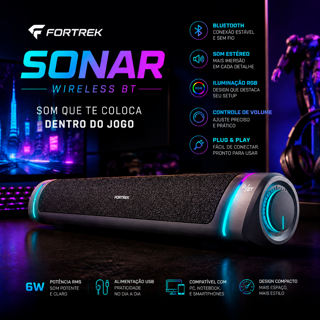 SOUNDBAR WIRELESS GAMER FORTREK MODELO SONAR BLUETOOTH 6W