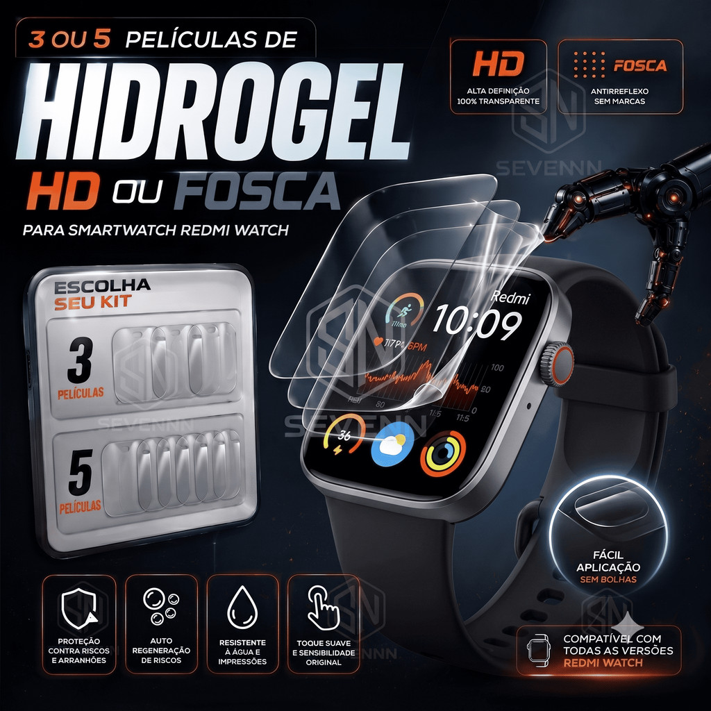 1, 3, 5 Película Hidrogel Premium HD ou Fosca Smartwatch Redmi Watch 5,4,3,2 Smart Band Pro Lite Active Todos Modelos