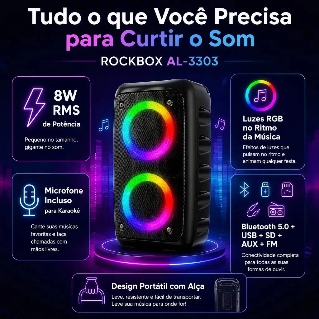Caixa de som Bluetooth Potente Multimídia com LED RGB Subwoofer TWS Estéreo sem fio AL-3303