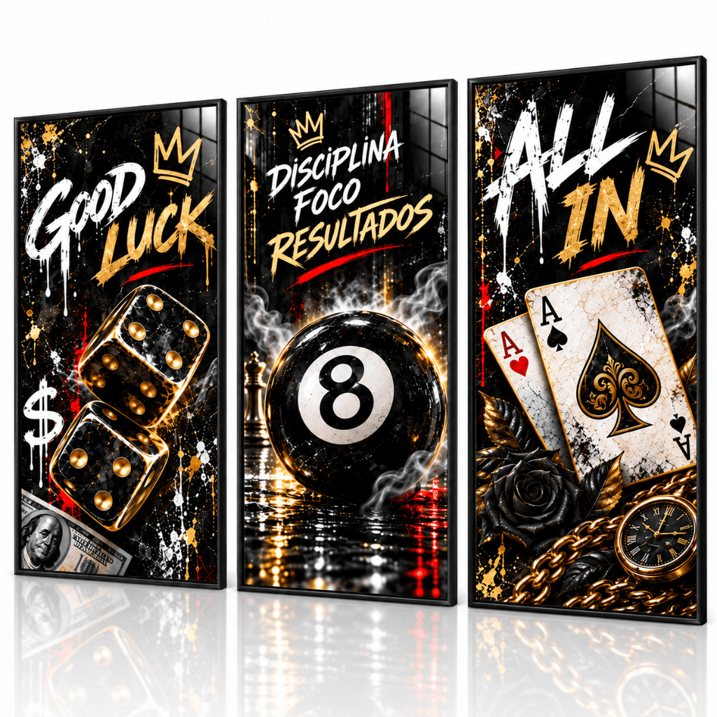 Kit 3 Quadros Good Luck Bola 8 Cartas Cassino Luxo MDF Queimado Decoração Sala Envio Rápido