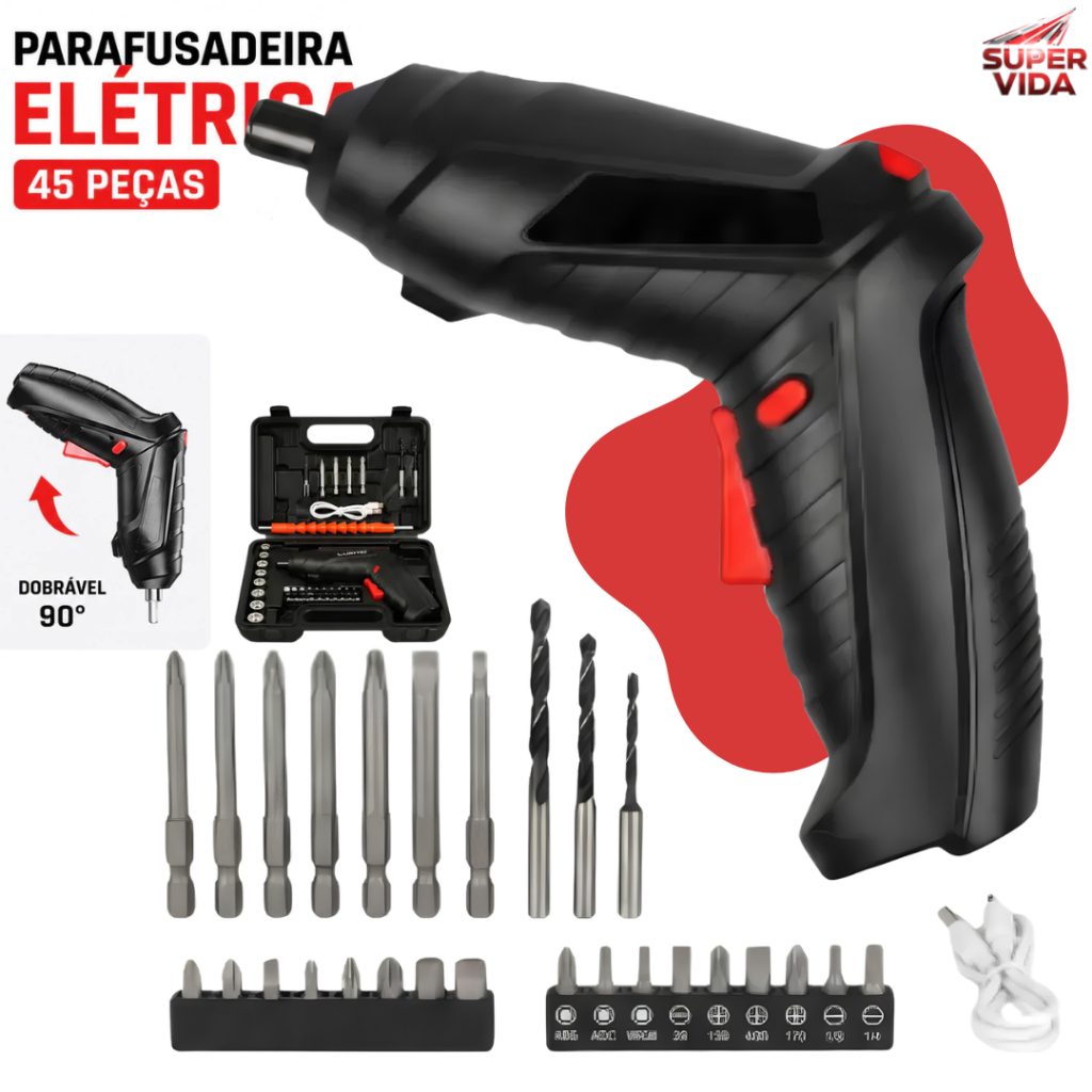 Parafusadeira Elétrica Mini Portátil 4.2V 1800mAh 250RPM Ângulo Ajustável 90° com Kit Acessórios