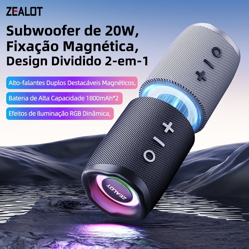 ZEALOT M5 Caixa de Som Bluetooth Portátil 20W TWS Bateria Dupla 1800mAh Áudio Externo para Praia Passeios e Lazer Diário
