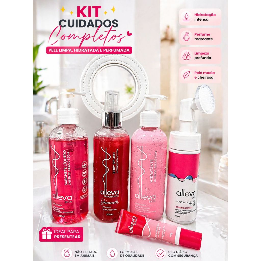 Kit Presente Rose Feminino Body Splash Hidratante Sabonete Líquido Mousse de limpeza e Lip labial c/ Sacola