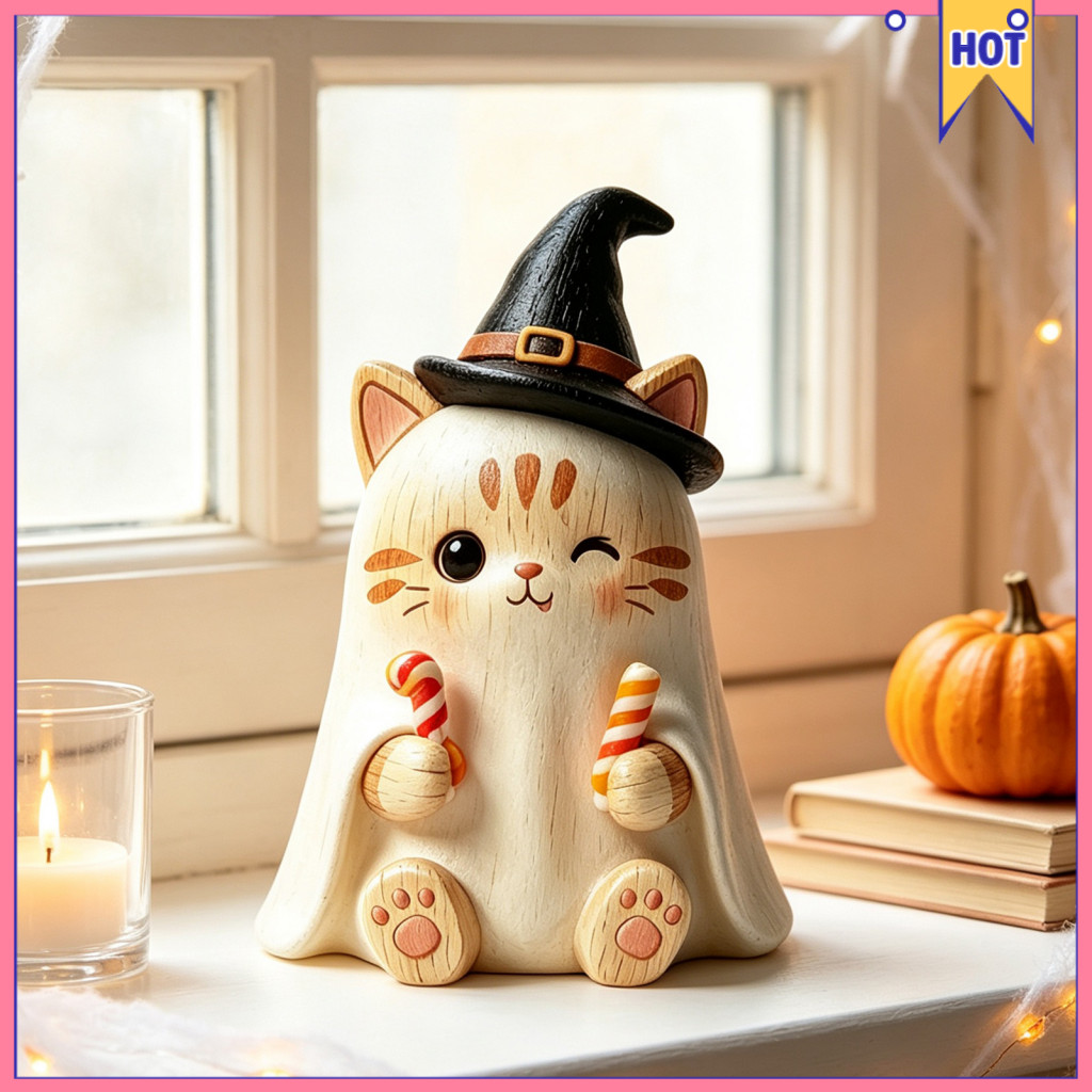 Vintage Witch Cat Halloween Decoration Small Wooden Black Figurine for Farmhouse Mantel Bookshelf Table Desktop Decor Sp