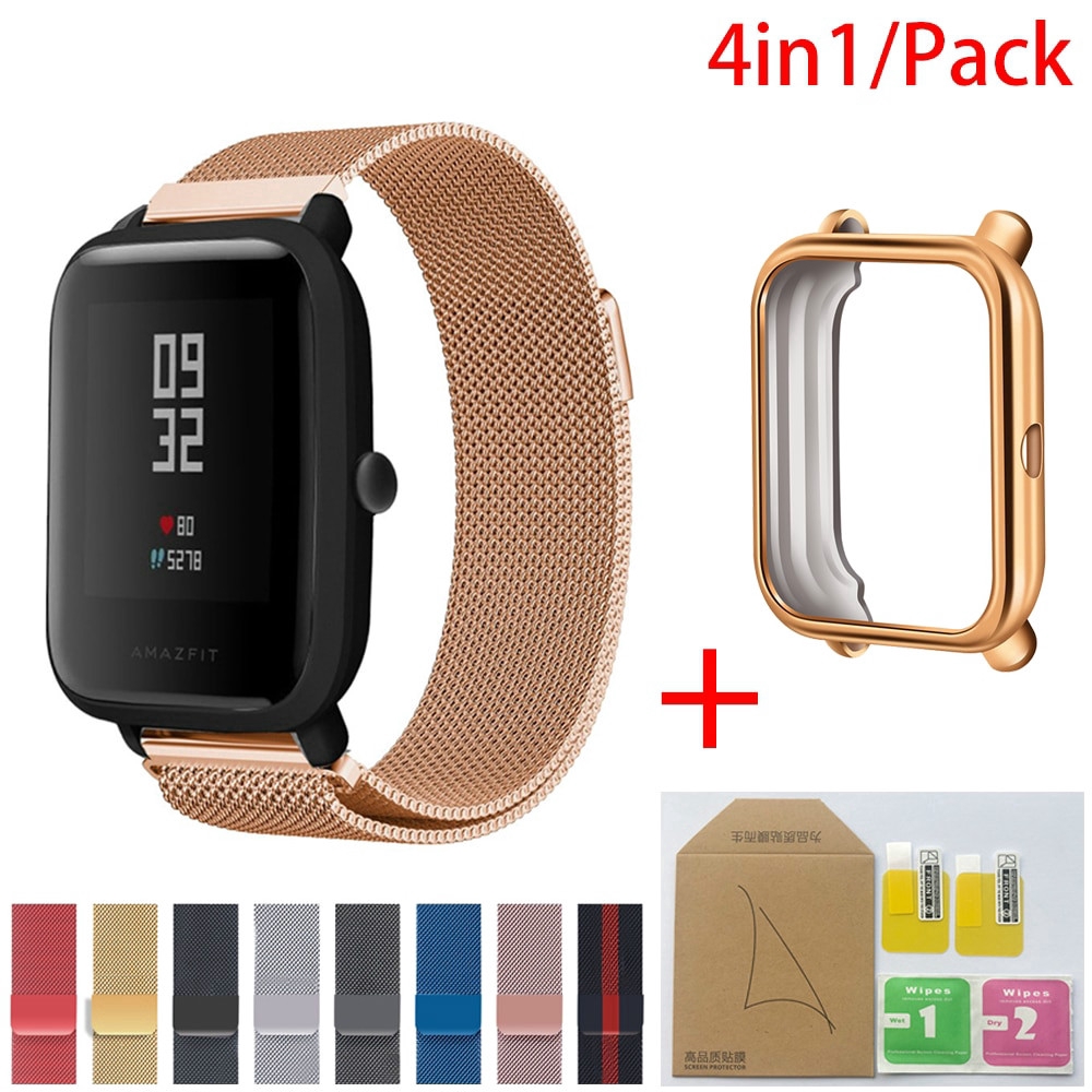 Para for Xiaomi Huami Amazfit Bip Strap Pulseira De Aço Inoxidável Ímã Com Chapeamento Caso Filme Protetor