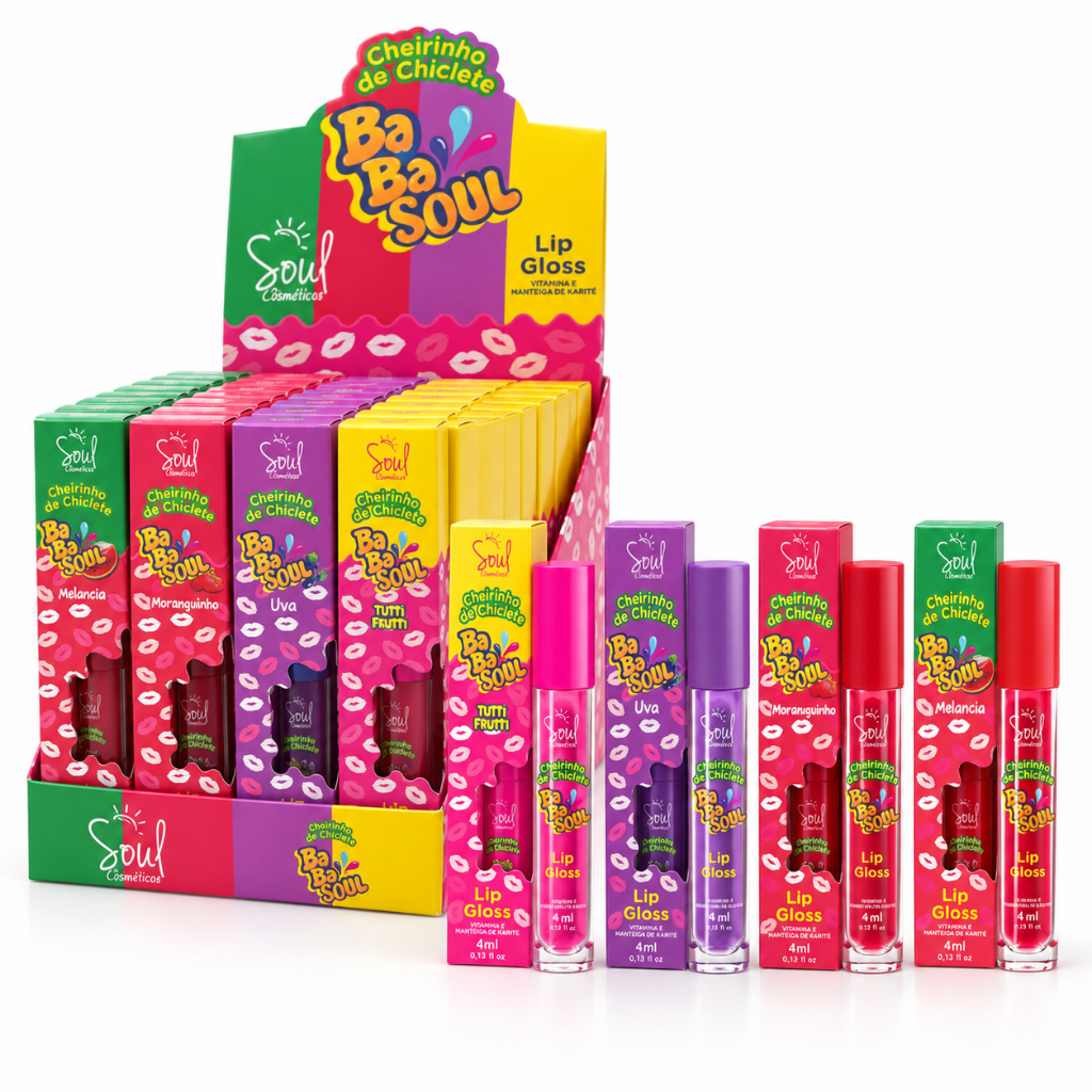 Box 24 Lip Gloss Babasoul 4ml Cheirinho Chiclete  Karité Vitamina E Sortidos