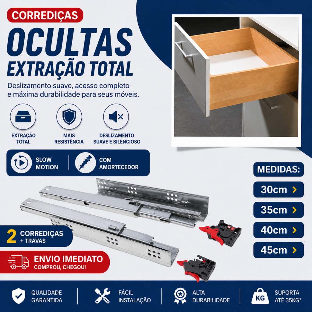 Corrediça Oculta Embutida Extração Total Soft Closing 300mm 350mm 400mm 450mm 500mm