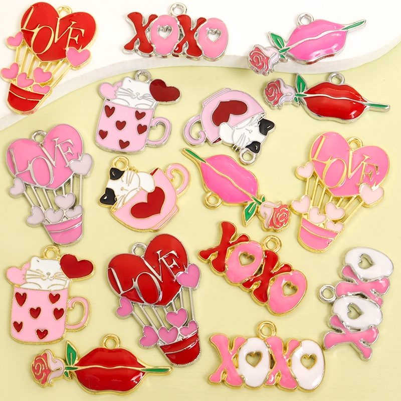 10 Peças Amuletos De Óleo De Gotejamento Vermelho E Rosa Do Dia Dos Namorados-Amor Romântico Coração/Letras/Design De Ba