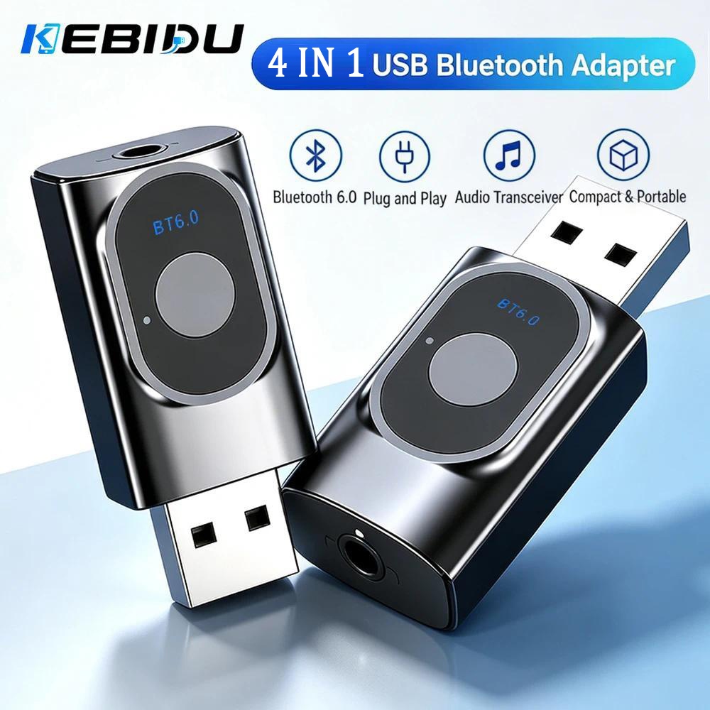 Transmissor e receptor de áudio Bluetooth 6.0 2 em 1, dongle USB AUX de 3,5 mm com microfone, adaptador sem fio para