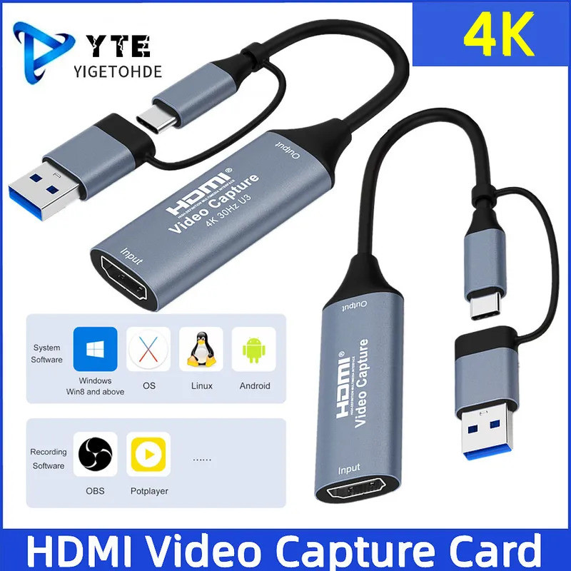 Placa de Captura de Vídeo YIGETOHDE 4K USB Tipo-C Adaptador 2 em 1 - Gravador de Áudio e Vídeo USB 3.0/2.0 HDMI para PC/