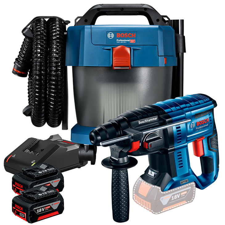 Aspirador de Pó GAS 18V-10L P + Martelete Rotativo Rompedor GBH 180-LI + 2 Bateria 4Ah + Carregador Rápido Bosch