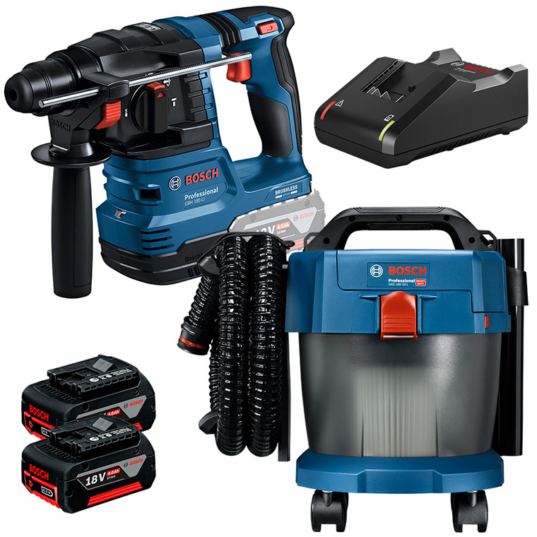 Martelete Rotativo Rompedor GBH 185-LI + Aspirador de Pó GAS 18V-10L P + 2 Bateria 4Ah + Carregador Rápido Bosch