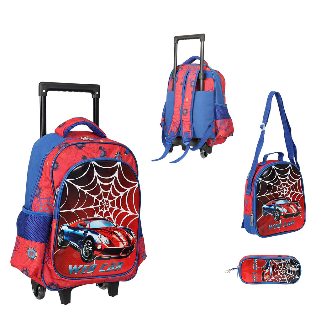 Kit Mochila Com Rodinhas E Lancheira + Estojo Web Car Red