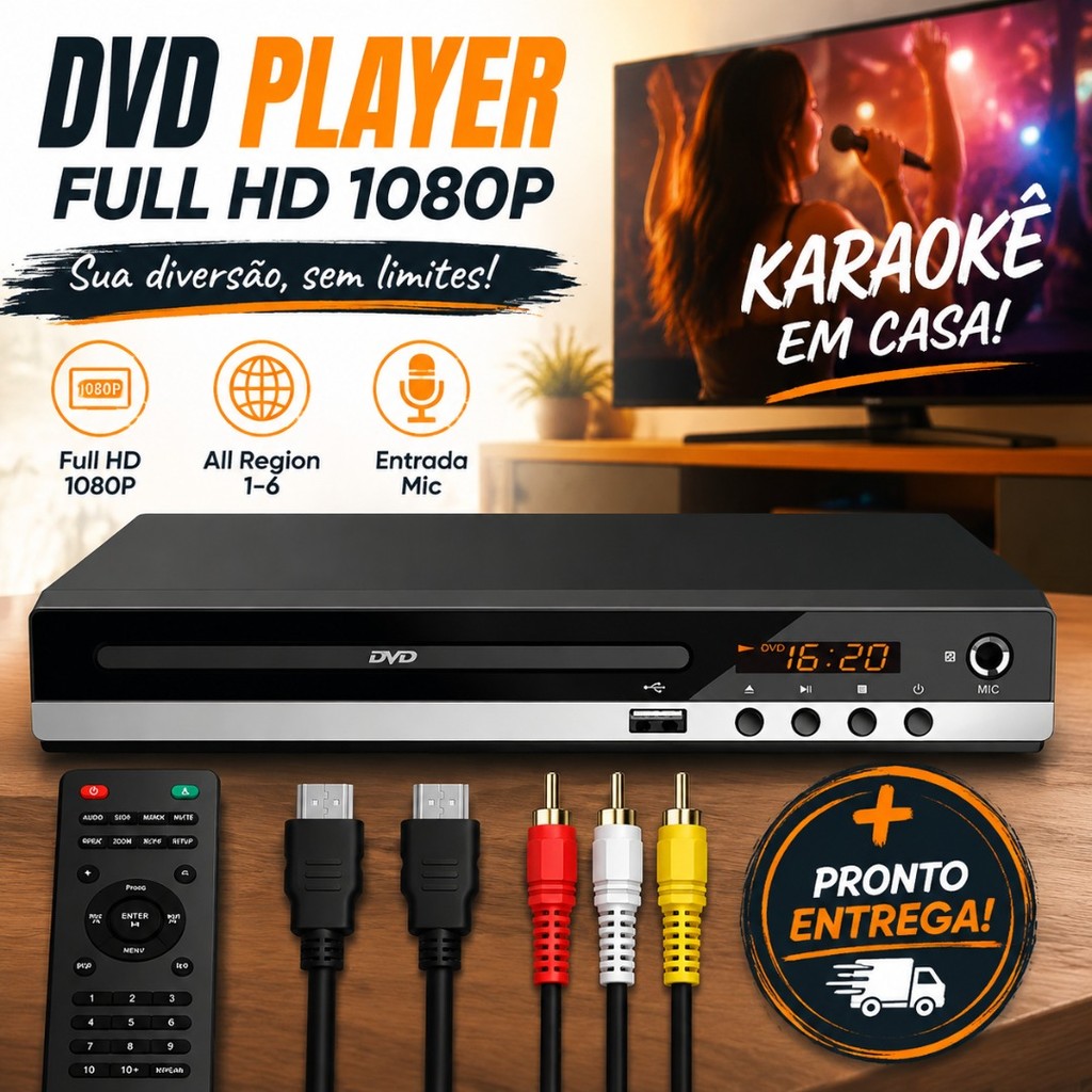 DVD Player Full HD 1080P para TV com HDMI USB Karaokê Entrada para Microfone All Region Bivolt