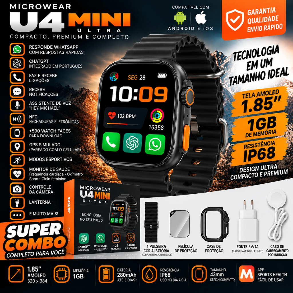 U4 MINI PRO | MICROWEAR ULTRA | IP68 | TELA AMOLED HD | 1GB + Brinde