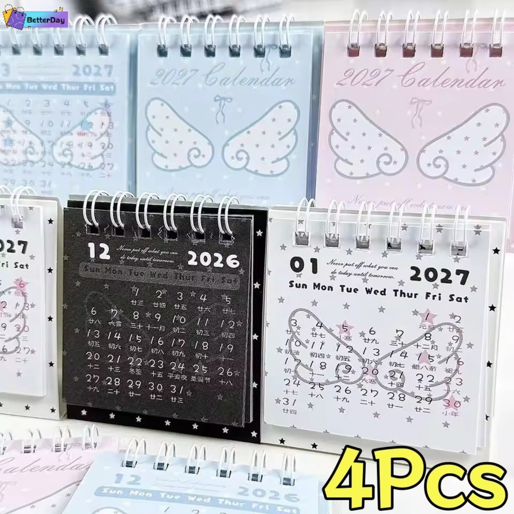 Estético 2027 Mini Calendário De Mesa Angel Wing Star Design Calendários Flip Em Pé Planejador Portátil Para Quarto Dorm