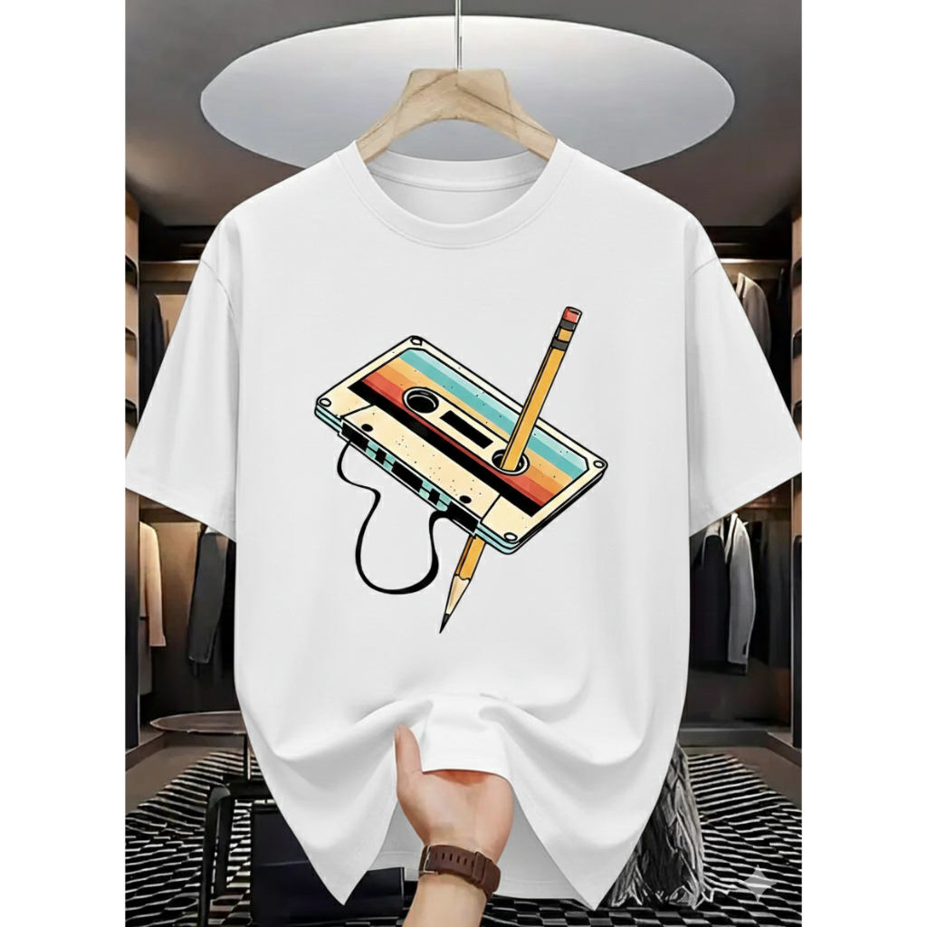 Camiseta Algodão Adulto Toca Fita Lapís Colorido Retro Fone Fio Streetwear Moda 7