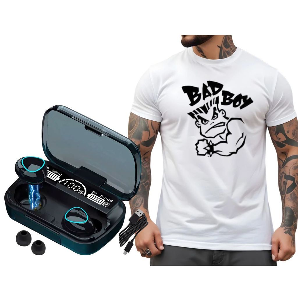 kit Fone sem fio com uma  Camisetas estampadas de alta qualidade 100% Algodão (Esportivas, Casuais, Retrô)