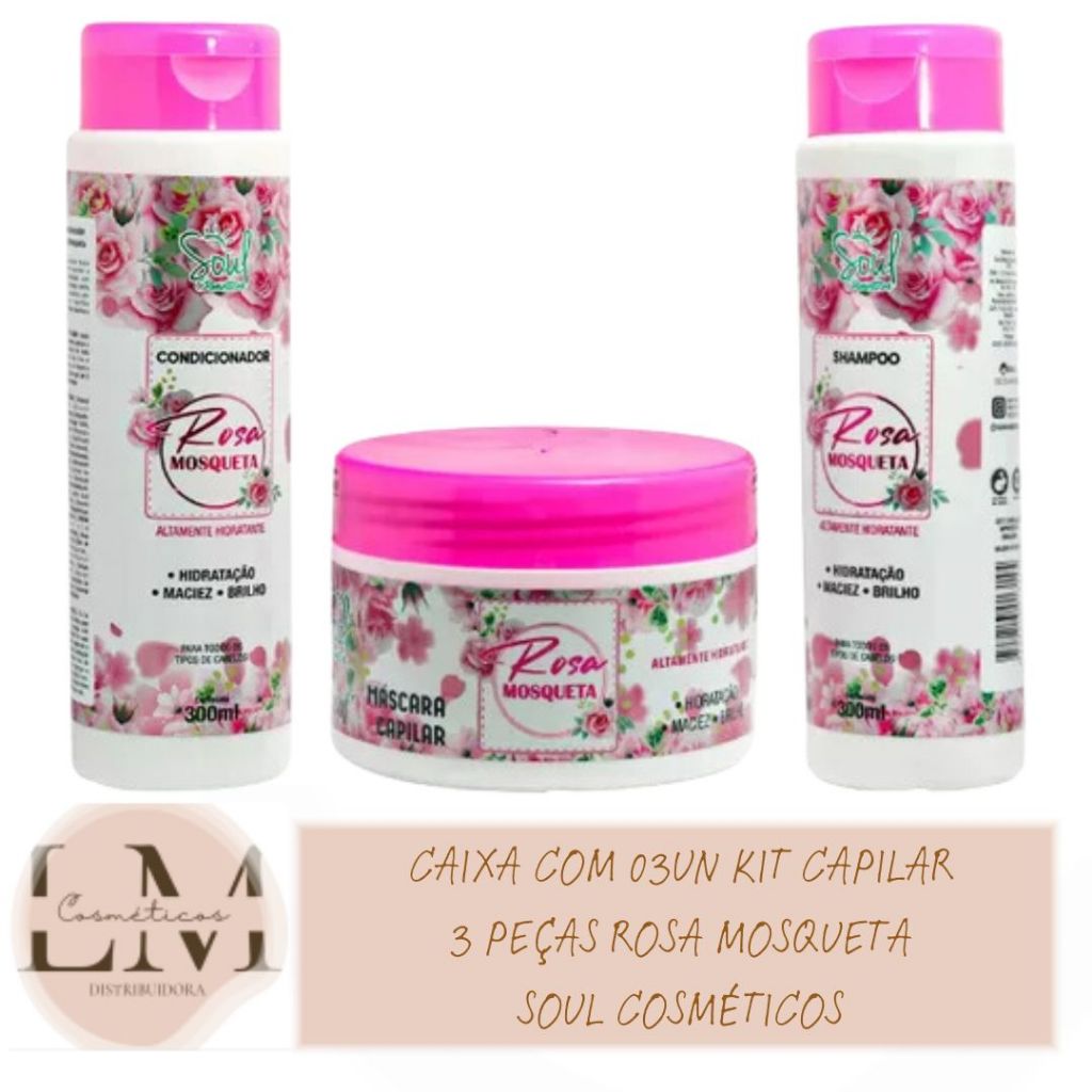 Caixa com 03un Kit Capilar 3 Peças Rosa Mosqueta Soul Cosméticos ( Sh 300ml + Cond 300ml + Mascara 250ml )