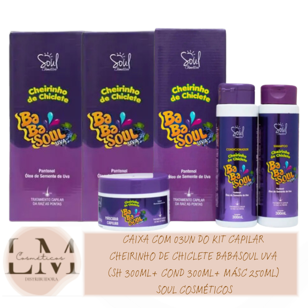 Caixa com 03 Kit  Uva (Shampoo 300ml+ Condicionador 300ml+ Máscara 250ml) Soul Cosméticos