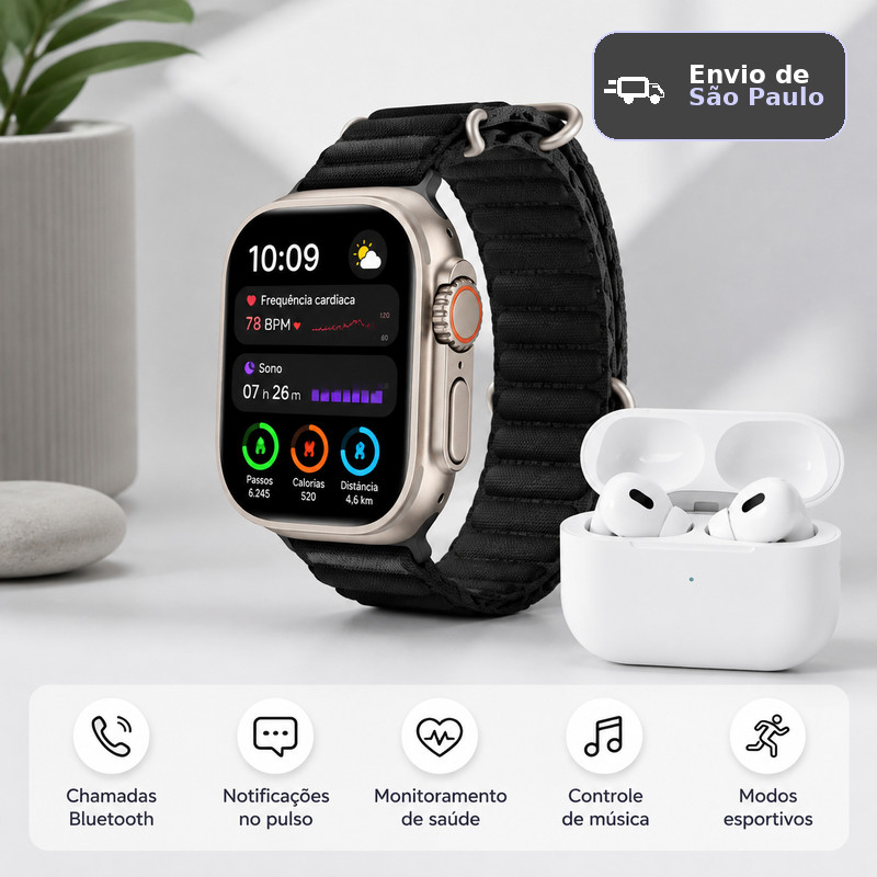 Enviado de São Paulo, Smartwatch Mini, Pro e Plus 38mm/49mm, estilo esportivo, design requintado, confortável para uso d