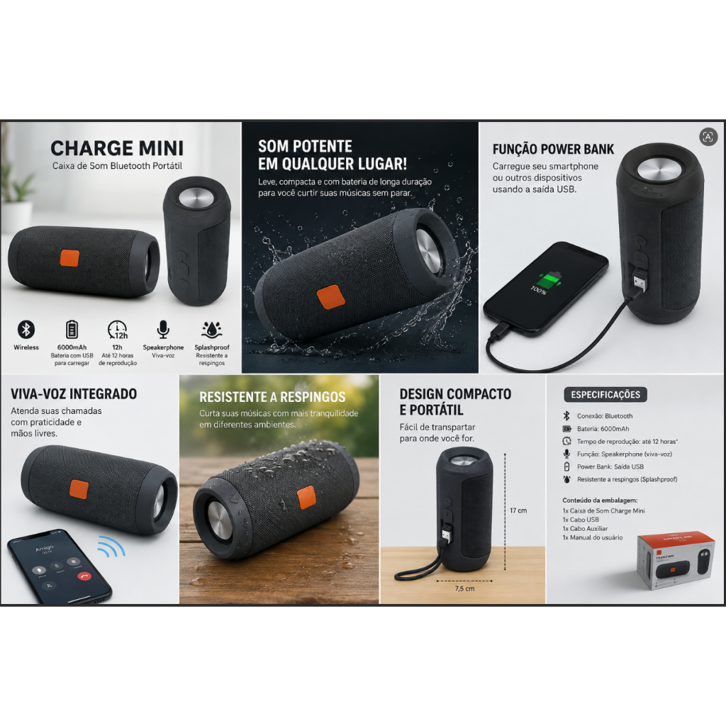 Caixa de Som Bluetooth Charge Mini Portátil – Bateria 6000mAh
