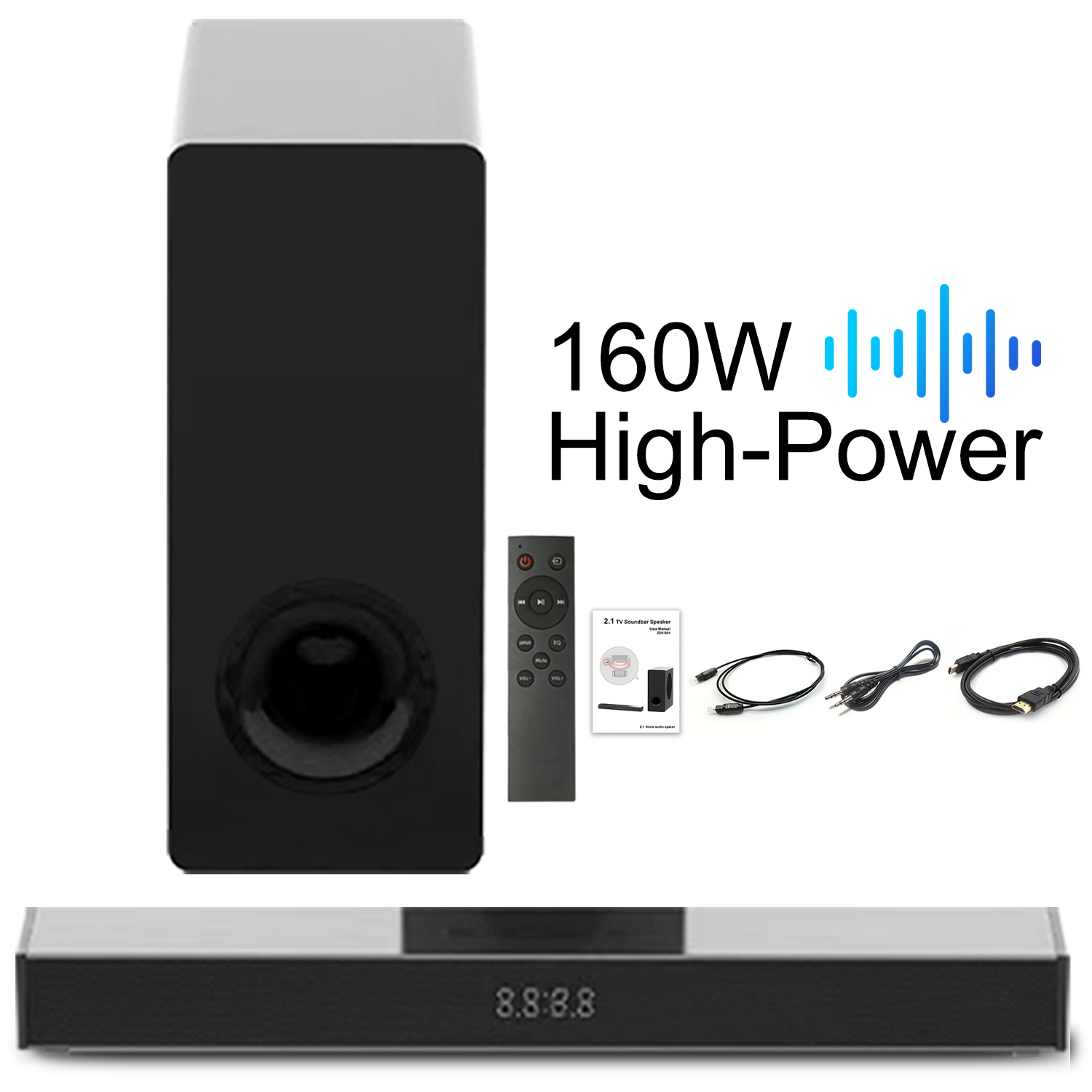Barra de Som com Subwoofer Wireless, Potência de Pico de 160W, Soundbar 2.1ch para TV Inteligente, Graves Ajustáveis,