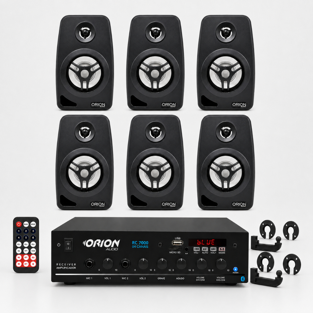 Kit Som Ambiente 500 Watts Bluetooth 6 Caixas Parede Preta Amplificador 120Wrms Usd Sd Aux Bivolt