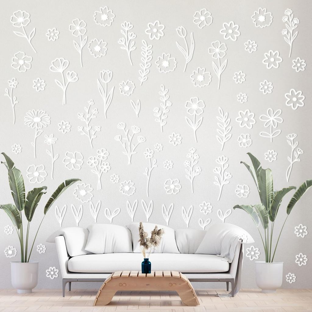 White Wildflower Wall Stickers - 8 Sheets in Total 160 Pieces Boho Spring Daisy Leaf Floral Aesthetic Translucent Peel a