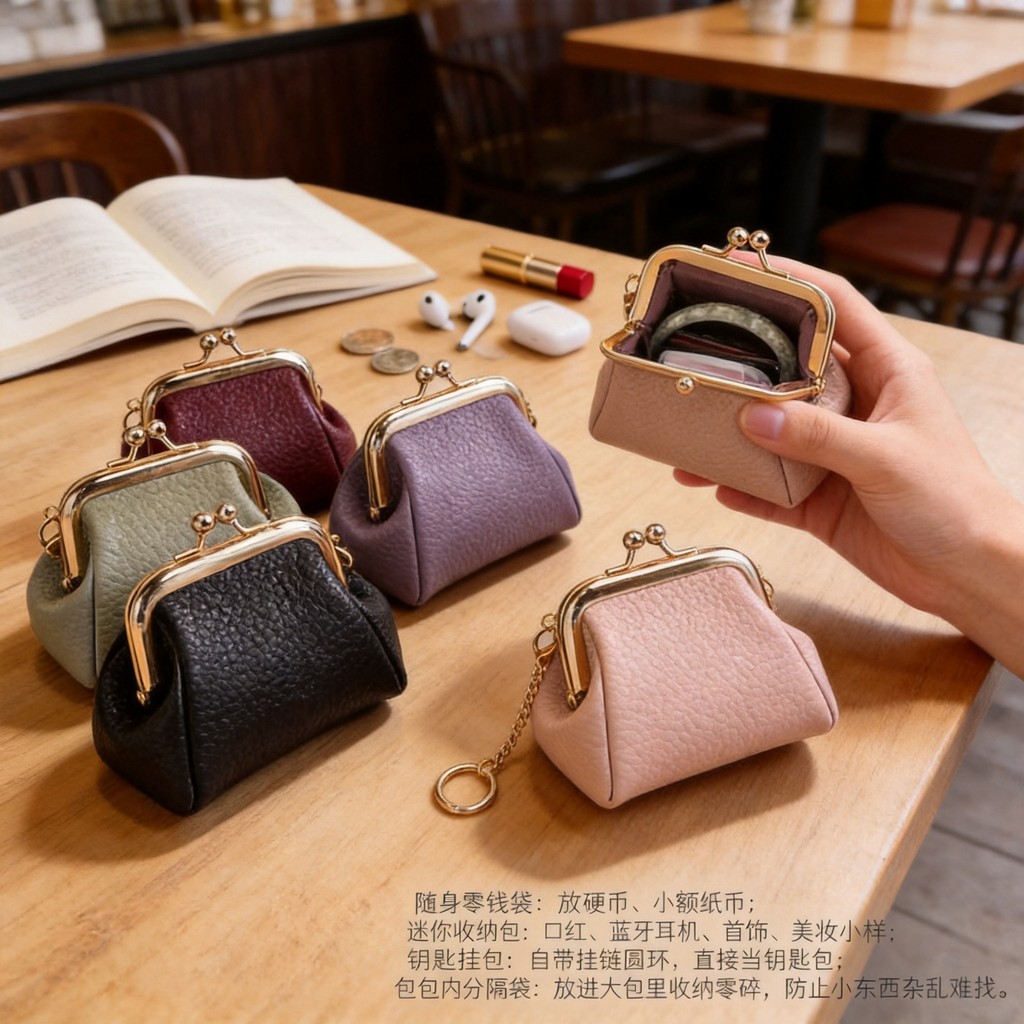 Porta-moedas portátil com corrente, fecho de metal com textura de lichia, estilo retrô, para fones de ouvido Bluetooth,