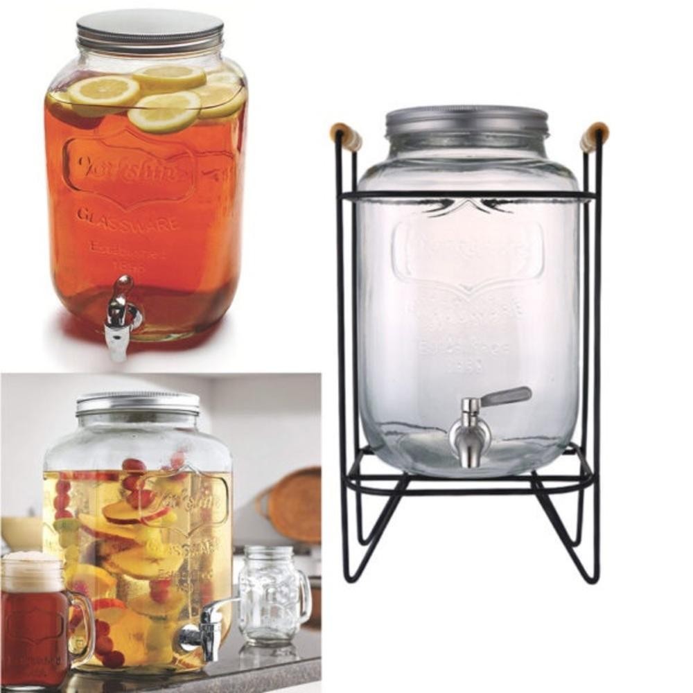 DISPENSER DE VIDRO GRANDE 8L PARA SUCOS AGUA BEBIDAS COM TORNEIRA SUPORTE E DESIGN RETRO