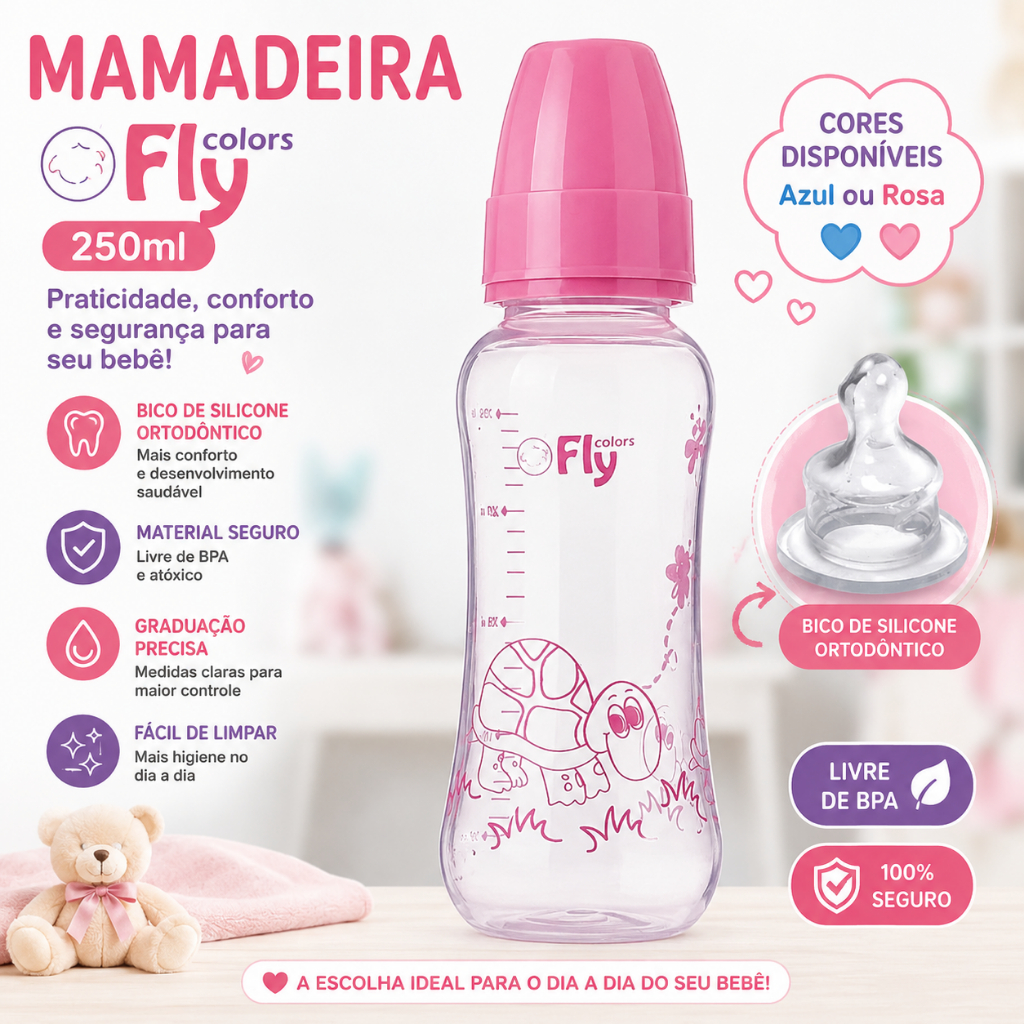 Mamadeira Atóxica Fly Colors 250ml Bico Silicone Ortodôntico Bebê