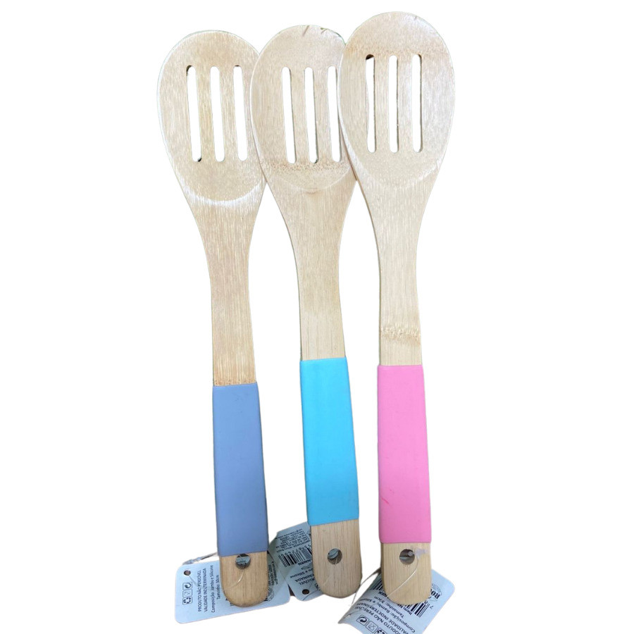 Colher Vazada De Bambu Cabo Revestido Silicone Colors 30CM- UN