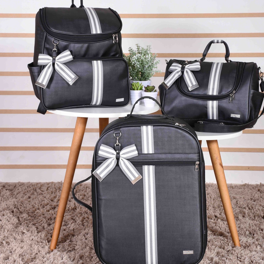 Kit Bolsa Mala Maternidade Menina/Menino Oxford Preto - 03 Peças