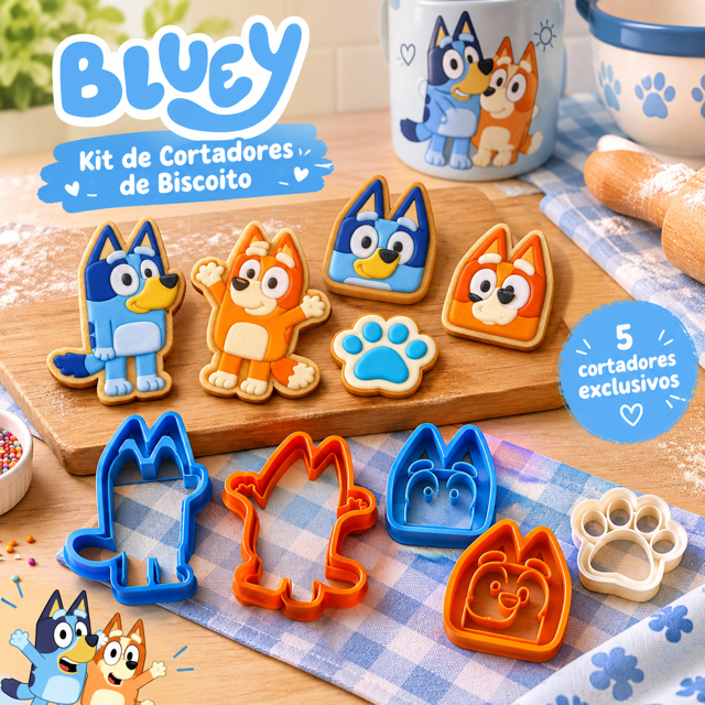Kit 5 Cortador de Biscoito Bluey Molde 3D Confeitaria Infantil Kit
